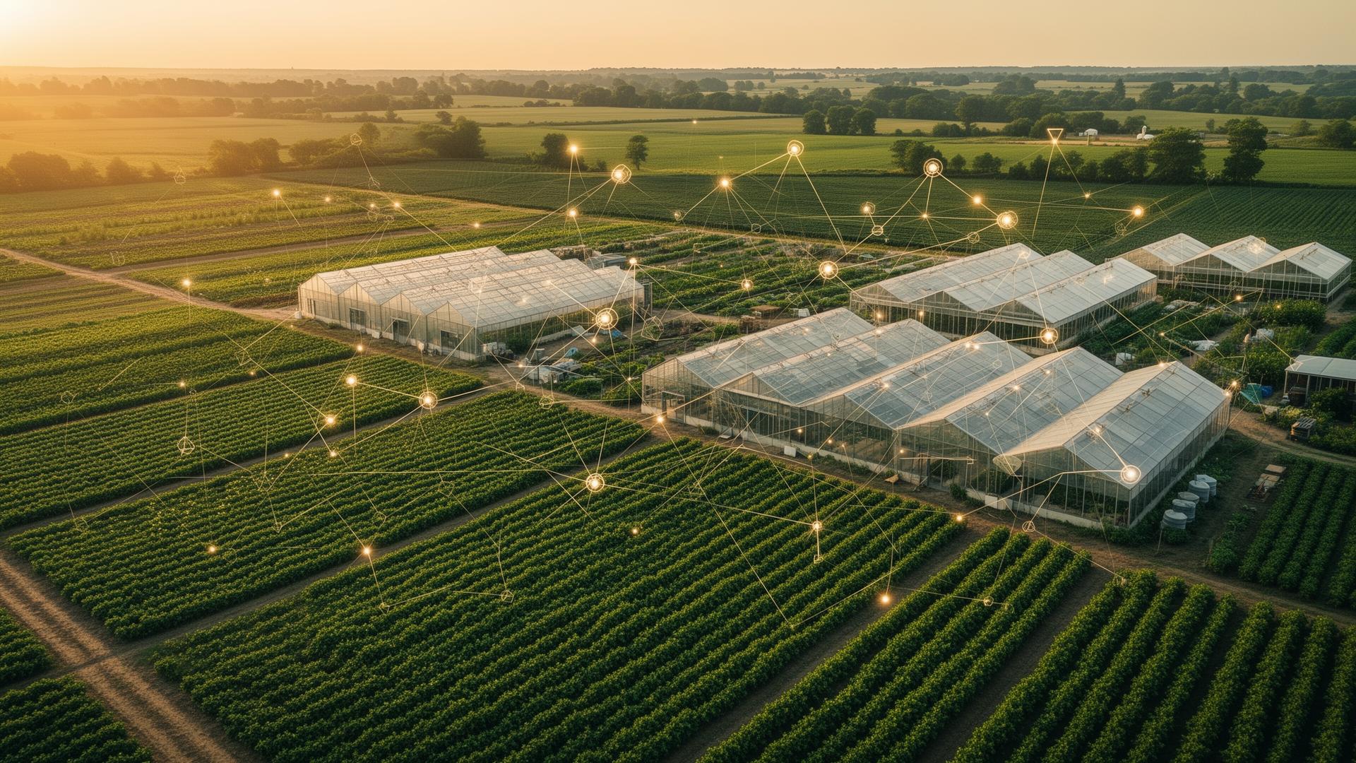 Aerial view of farmland with overlaid data network connections