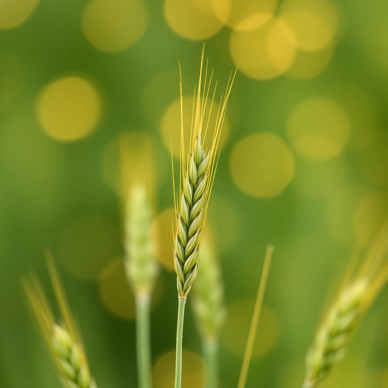Detailed close-up of a green wheat ear with golden bokeh